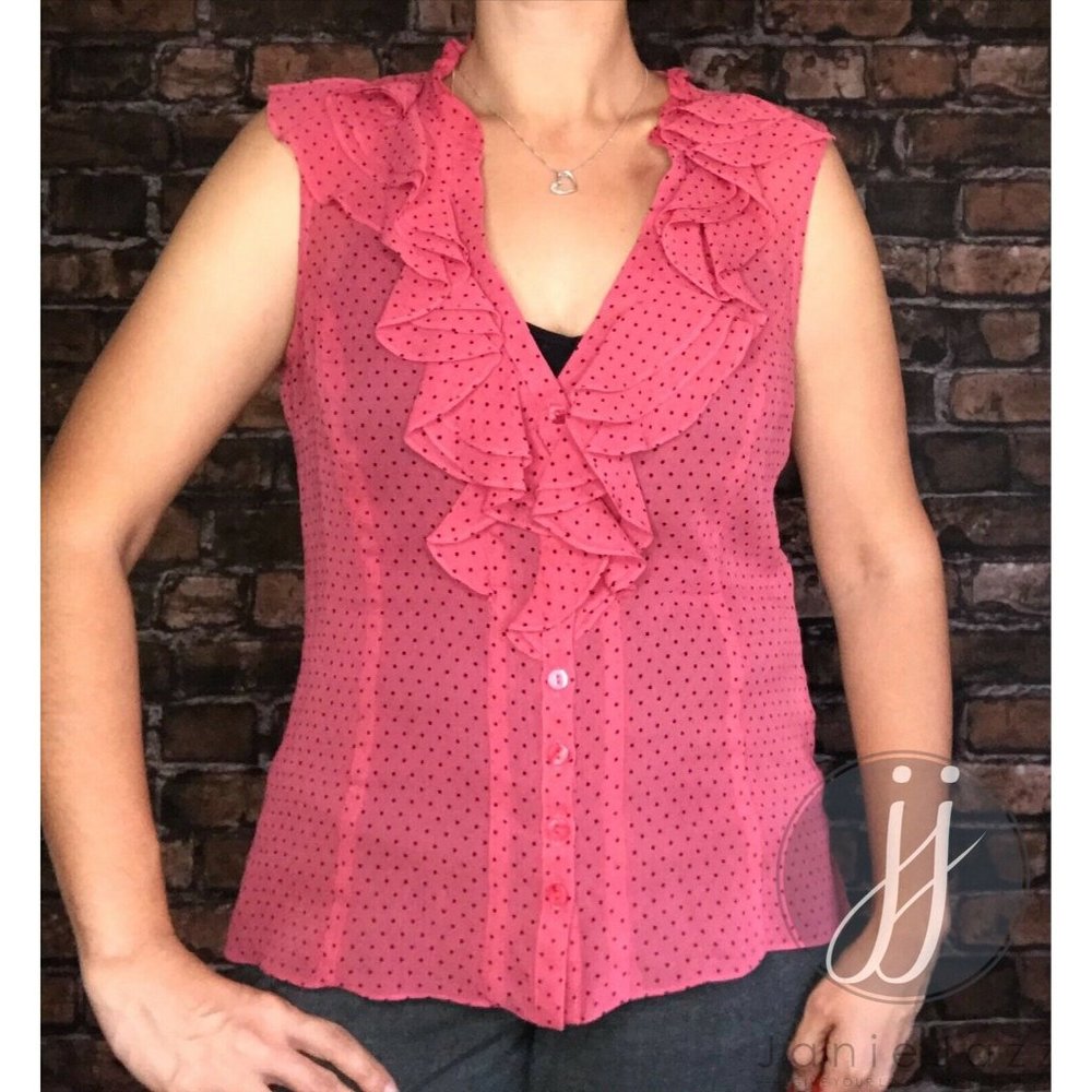 Nanette Lepore Pink Black Polka Dot 100% Silk Ruffle Front Sleeveless Blouse